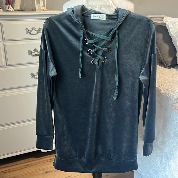 Oversized Velour Tunic Top Charcoal Gray Womens Small Hoodie Pullover - Picture 3 of 11